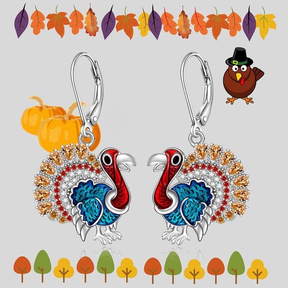 Christmas Sterling Silver Style Turkey Earrings Women's Dangle Jewelry - Picture 5 of 9